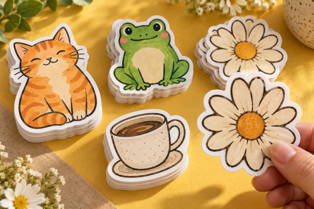 Colourful cat, frog and flower demonstration stickers with white die-cut borders